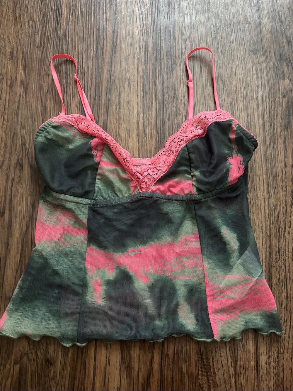 Edikted Y2K Mesh Lace Cami Top S Pink Green Tie Dye Bustier Sheer Coquette